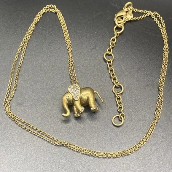 Signed J.Crew  Necklace Gold-Tone Rhinestone Elephant Trunk Up Pendant 28 +3" - Picture 7 of 13